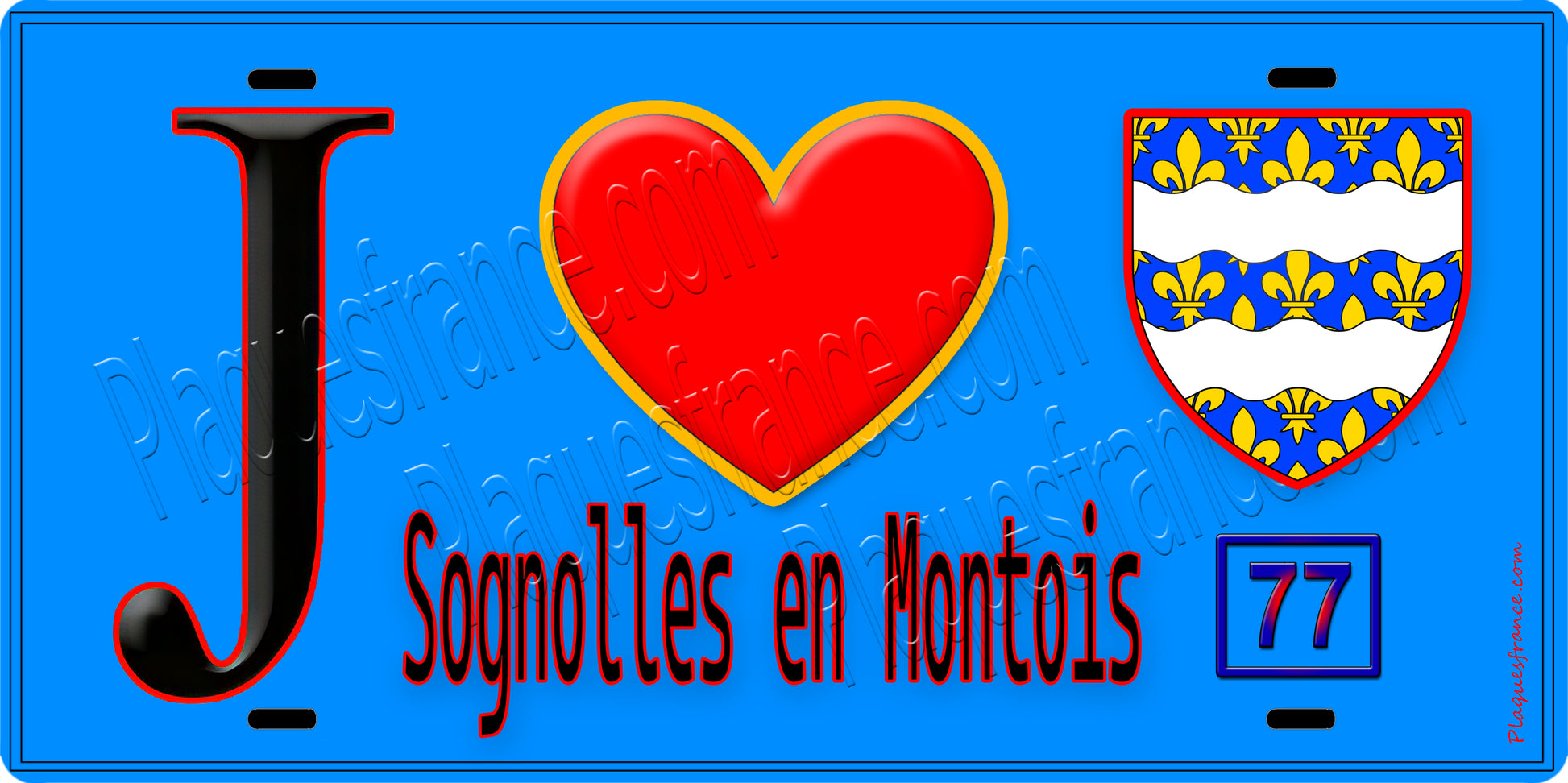 Plaque métal décorative  J' ❤️Sognolles-en-Montois, Seine et Marne (77) fond bleu