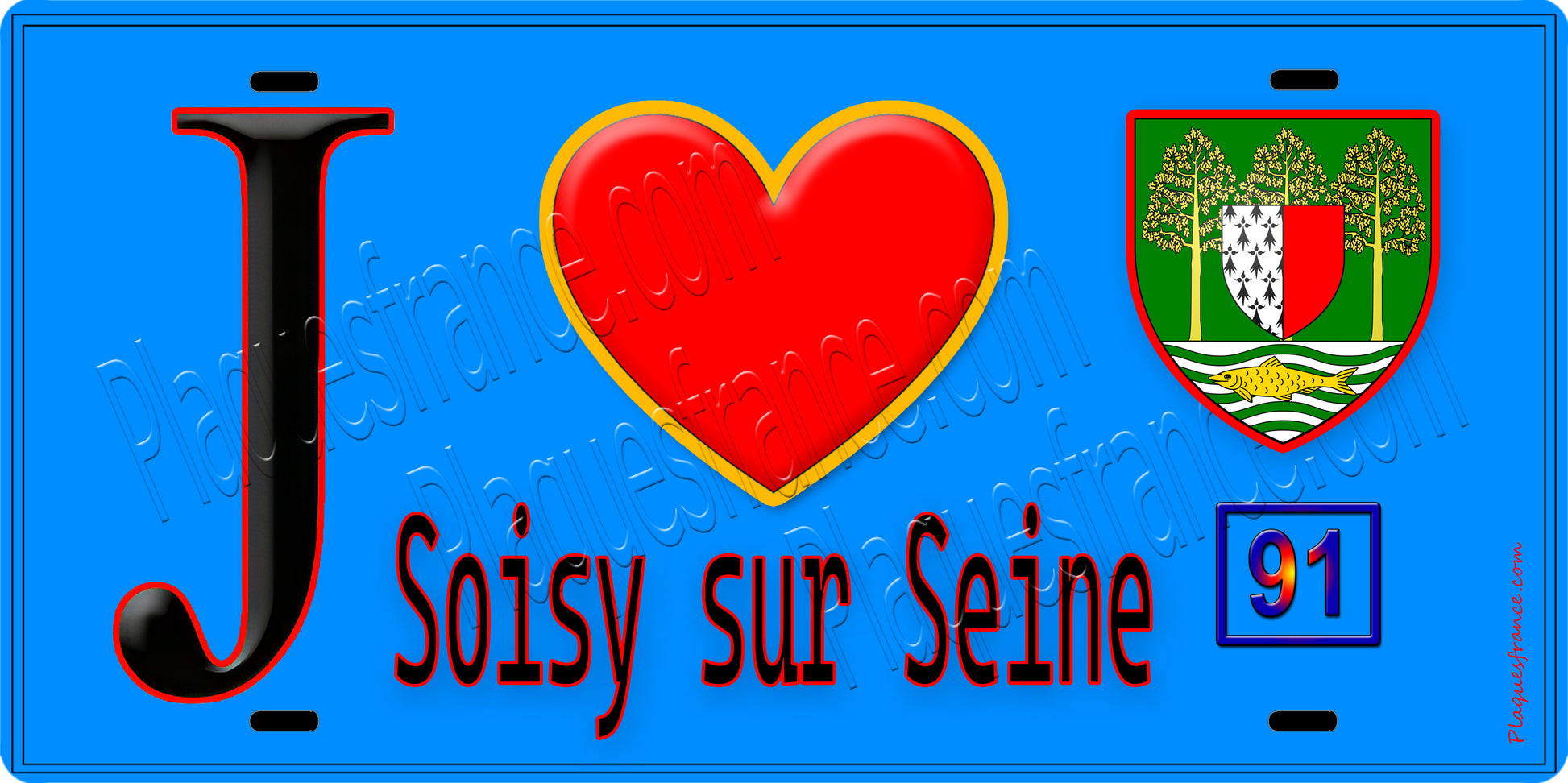 Plaque métal décorative  J' ❤️Soisy-sur-Seine, Essonne (91) fond bleu