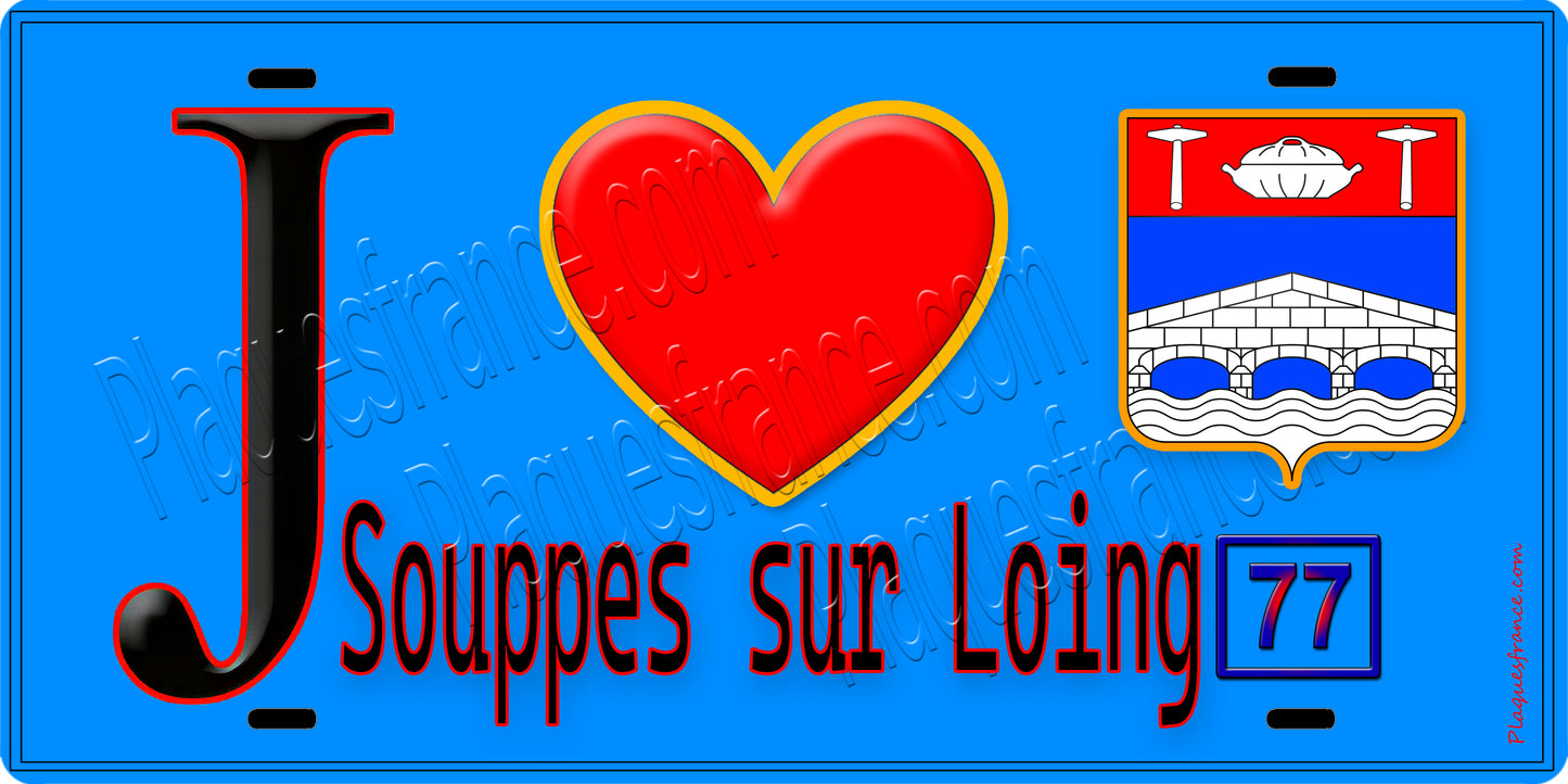 Plaque métal décorative  J' ❤️Souppes-sur-Loing, Seine et Marne (77) fond bleu