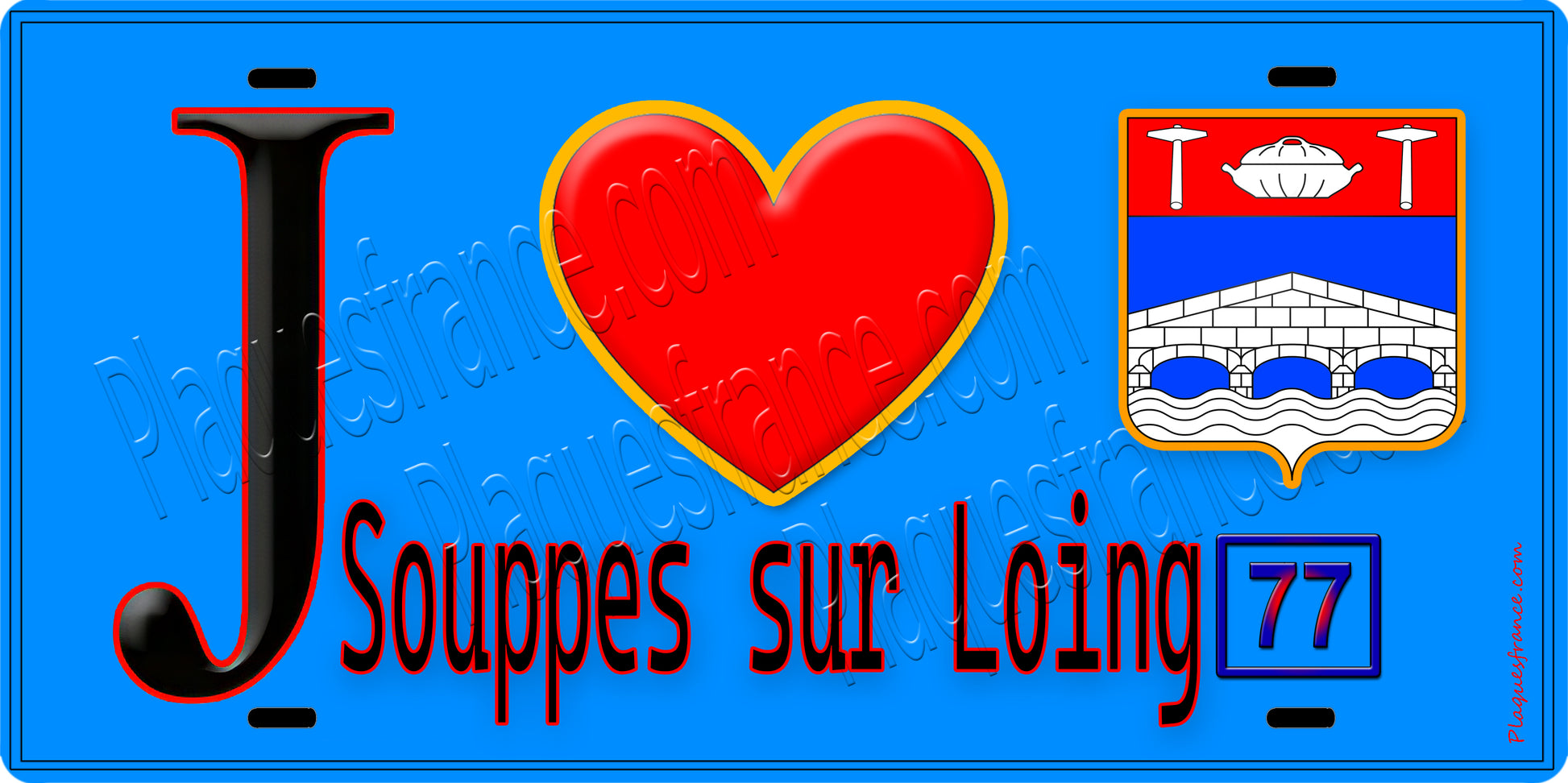 Plaque métal décorative  J' ❤️Souppes-sur-Loing, Seine et Marne (77) fond bleu