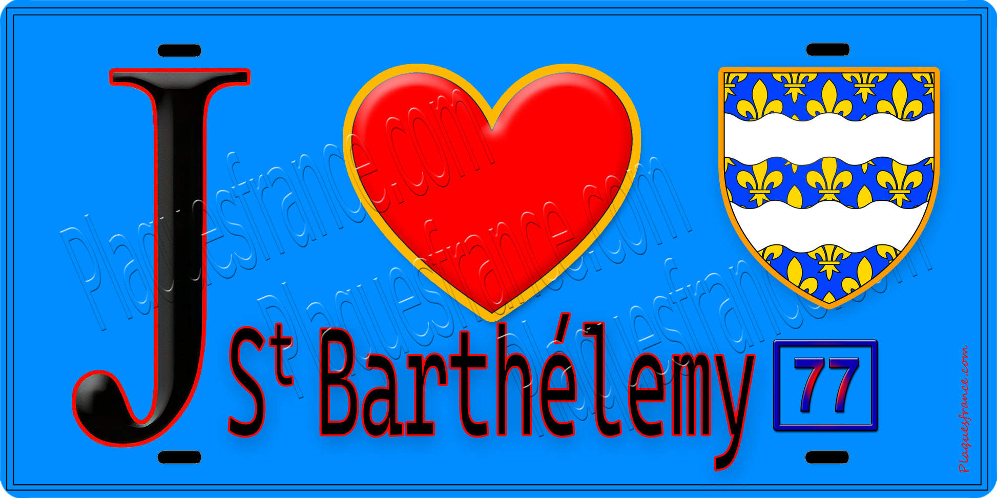 Plaque métal décorative  J' ❤️Saint-Barthélemy, Seine et Marne (77) fond bleu
