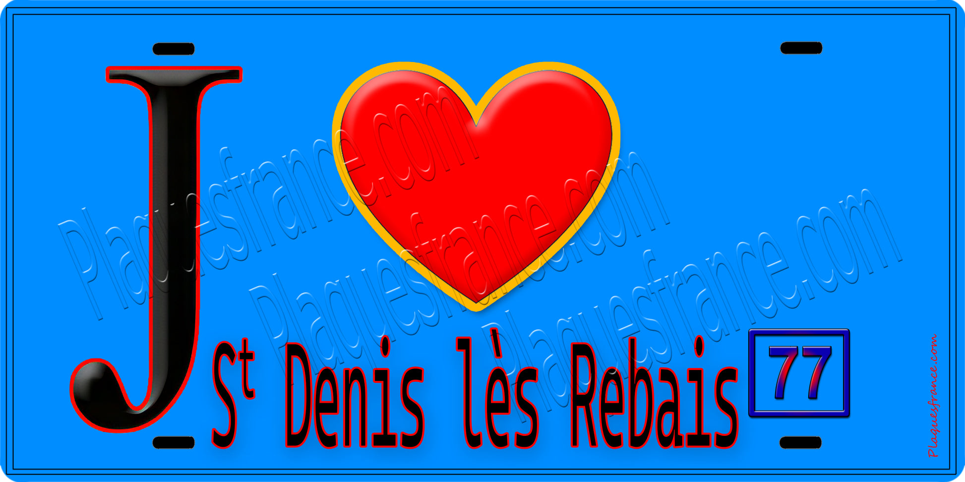 Plaque métal décorative  J' ❤️Saint-Denis-lès-Rebais, Seine et Marne (77) fond bleu