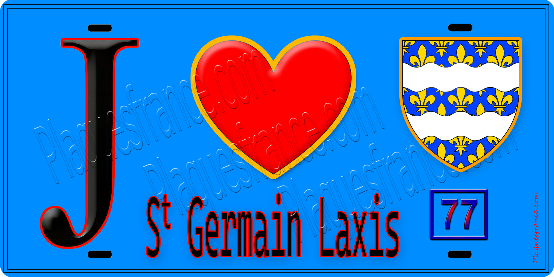 Plaque métal décorative  J' ❤️Saint-Germain-Laxis, Seine et Marne (77) fond bleu