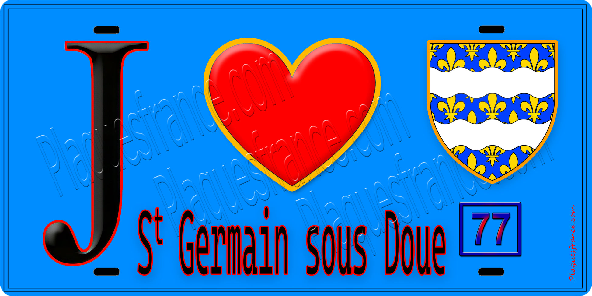 Plaque métal décorative  J' ❤️Saint-Germain-sous-Doue, Seine et Marne (77) fond bleu