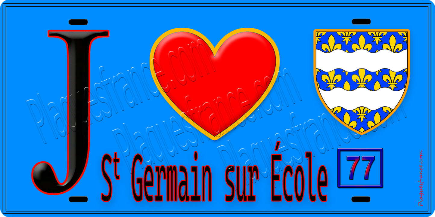 Plaque métal décorative  J' ❤️Saint-Germain-sur-École, Seine et Marne (77) fond bleu