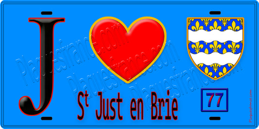 Plaque métal décorative  J' ❤️Saint-Just-en-Brie, Seine et Marne (77) fond bleu