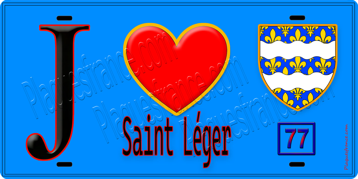 Plaque métal décorative  J' ❤️Saint-Léger, Seine et Marne (77) fond bleu