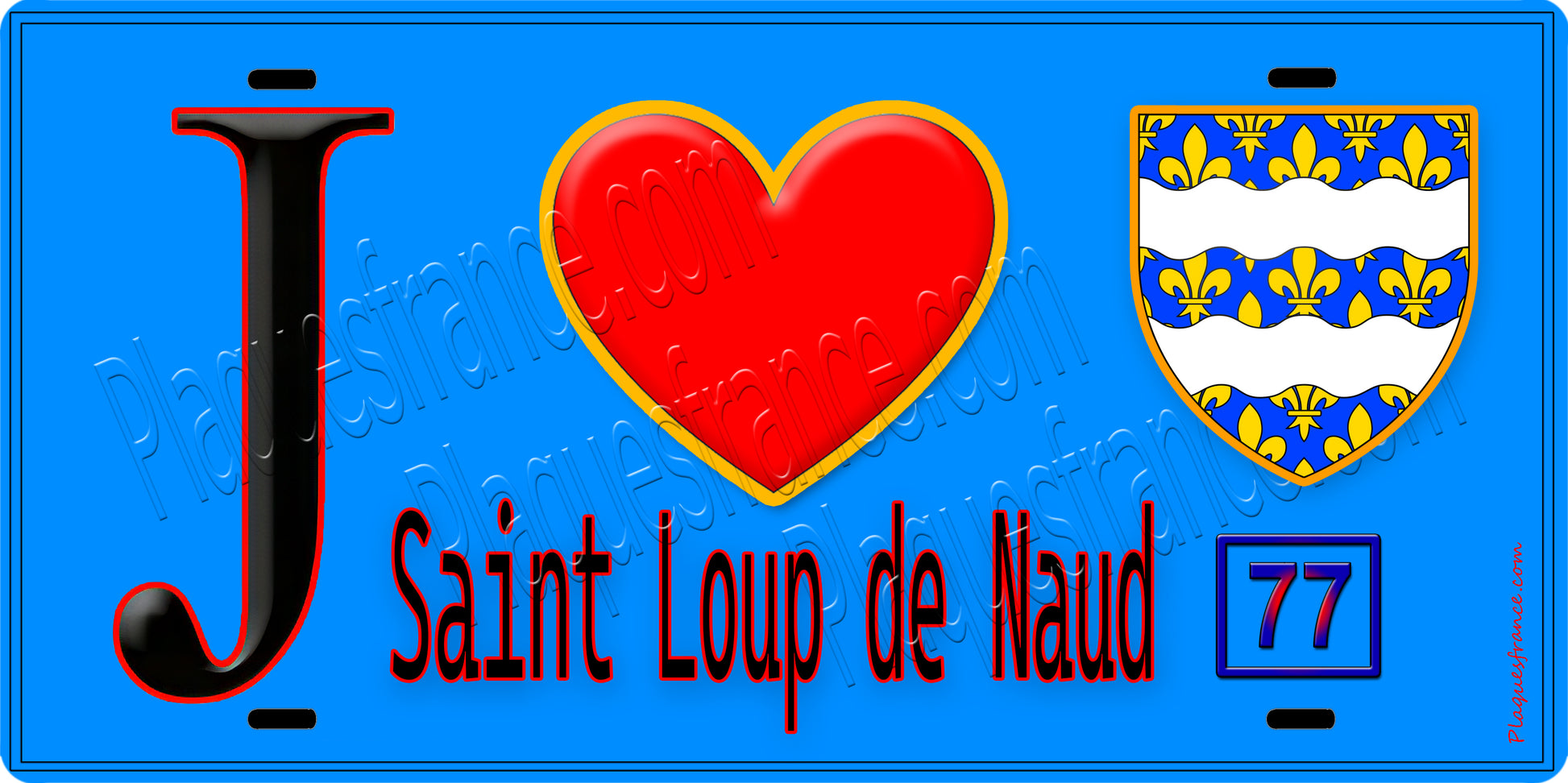 Plaque métal décorative  J' ❤️Saint-Loup-de-Naud, Seine et Marne (77) fond bleu