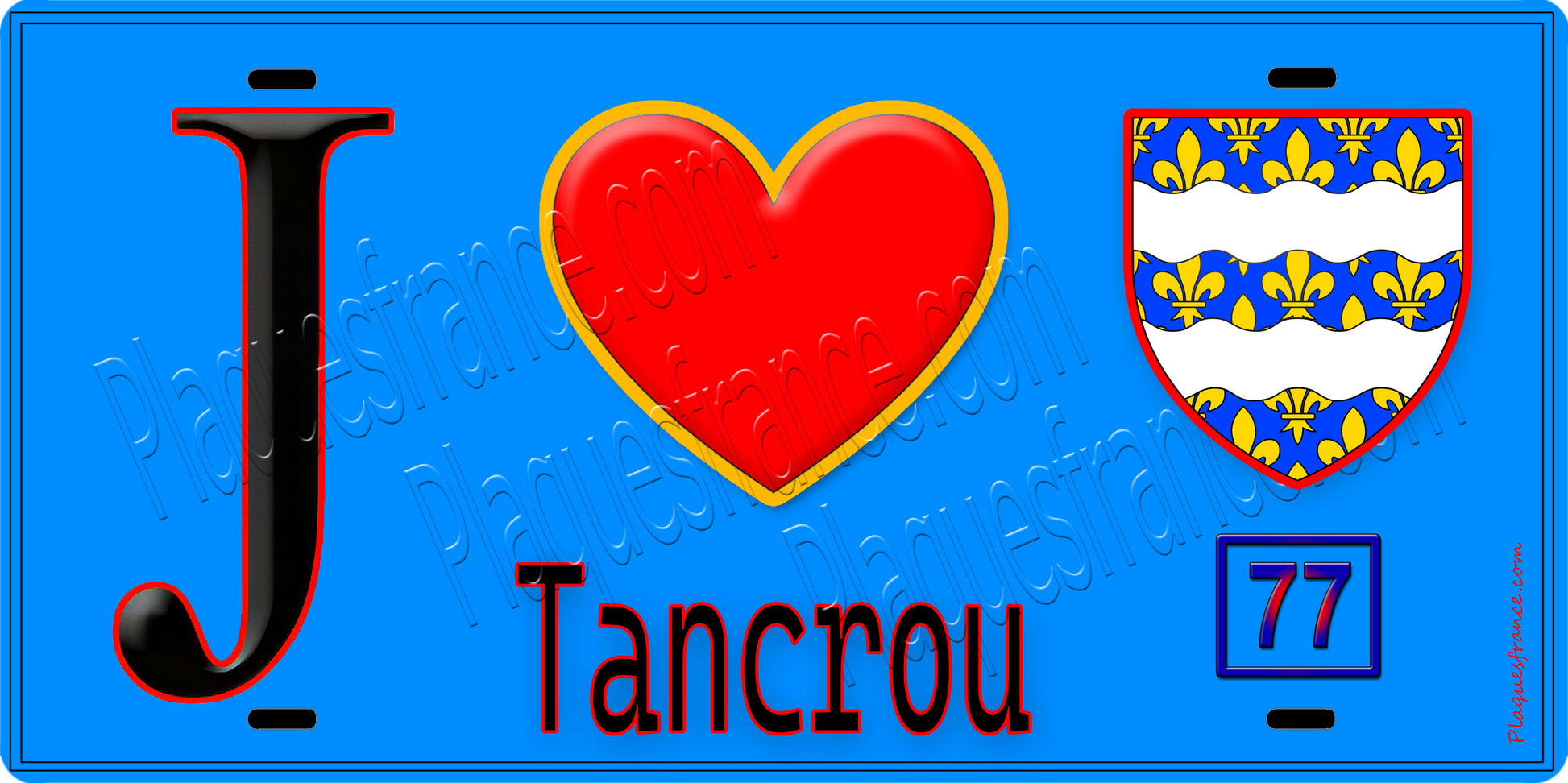 Plaque métal décorative  J' ❤️Tancrou, Seine et Marne (77) fond bleu