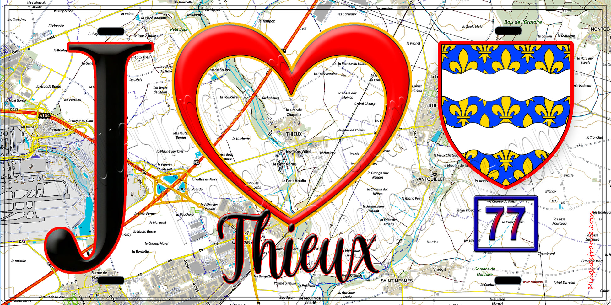 Plaque métal décorative  J' ❤️Thieux, Seine et Marne (77) fond carte