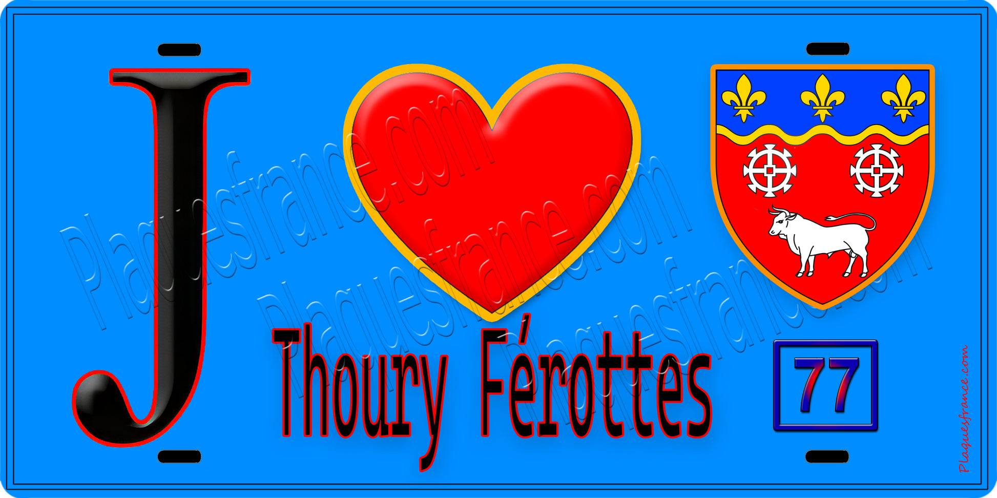 Plaque métal décorative  J' ❤️Thoury-Férottes, Seine et Marne (77) fond bleu