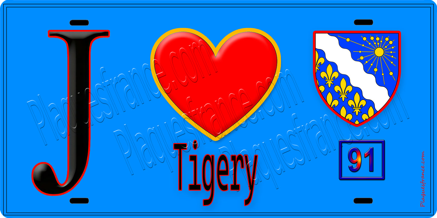 Plaque métal décorative  J' ❤️Tigery, Essonne (91) fond bleu