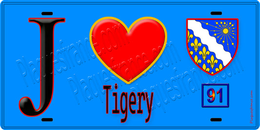 Plaque métal décorative  J' ❤️Tigery, Essonne (91) fond bleu