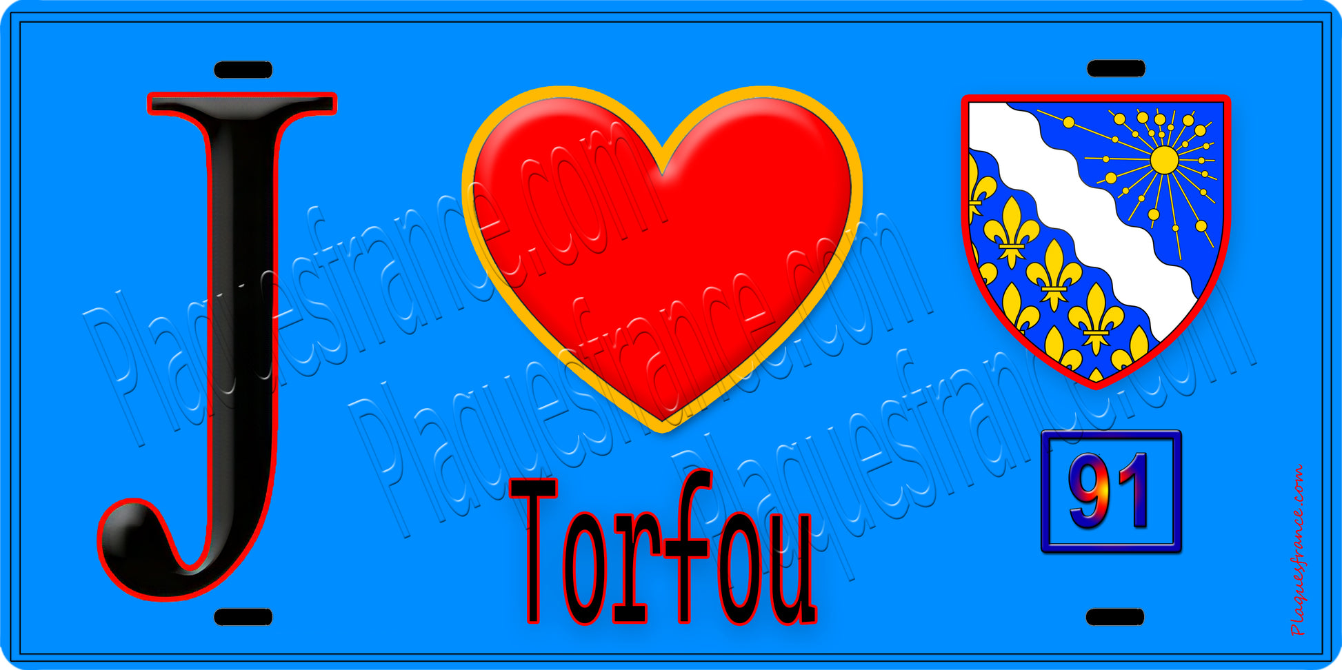 Plaque métal décorative  J' ❤️Torfou, Essonne (91) fond bleu
