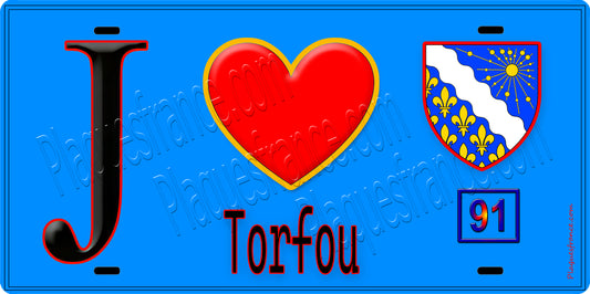 Plaque métal décorative  J' ❤️Torfou, Essonne (91) fond bleu