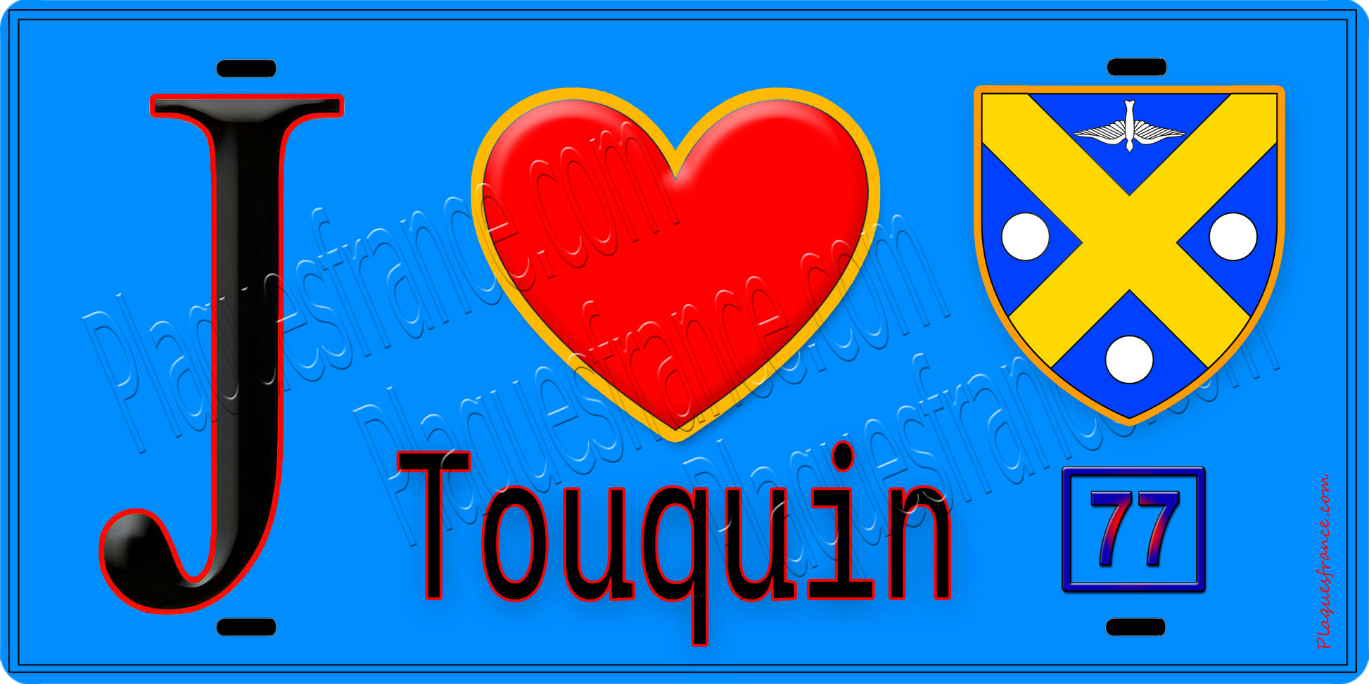 Plaque métal décorative  J' ❤️Touquin, Seine et Marne (77) fond bleu
