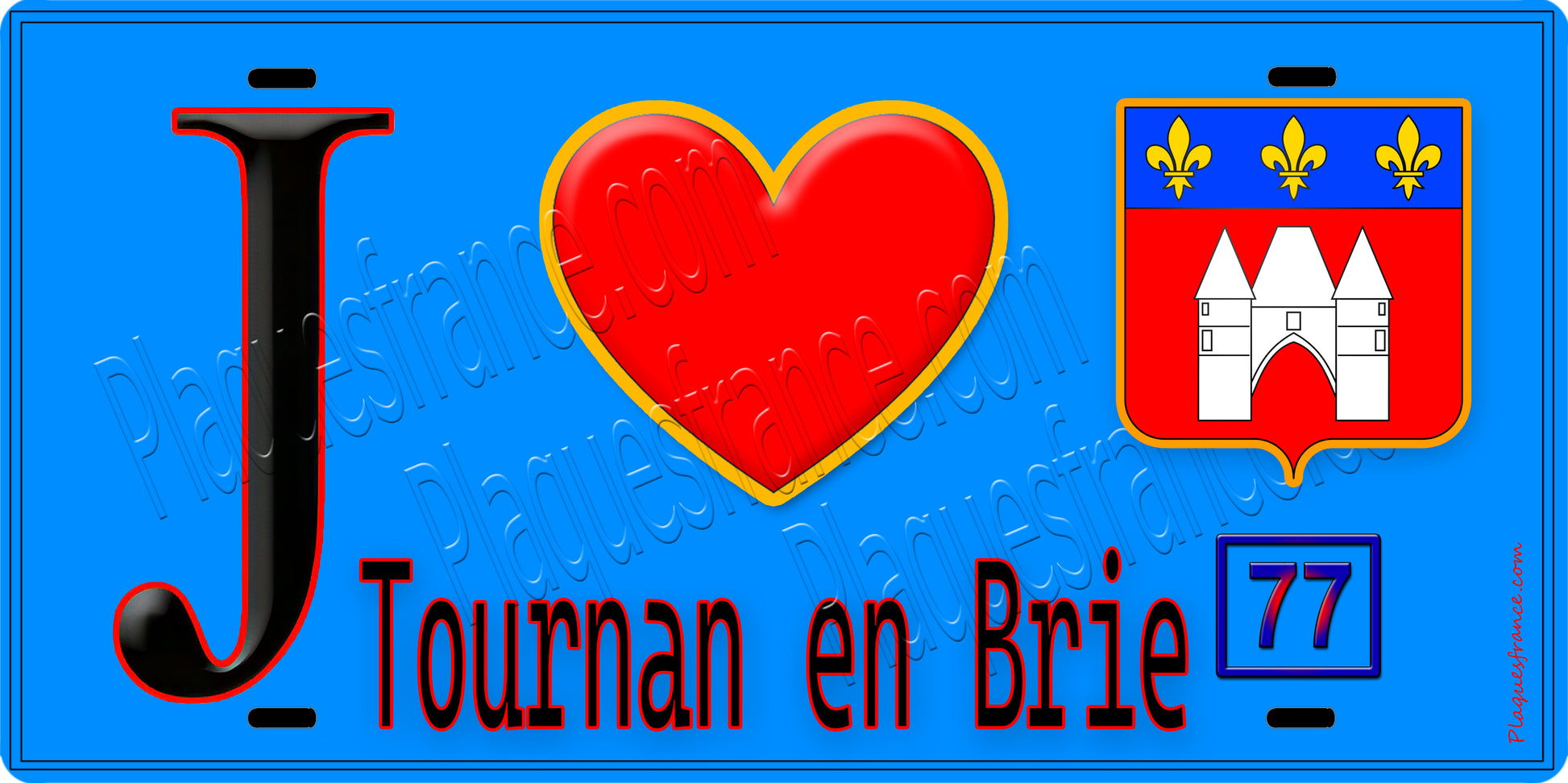 Plaque métal décorative  J' ❤️Tournan-en-Brie, Seine et Marne (77) fond bleu