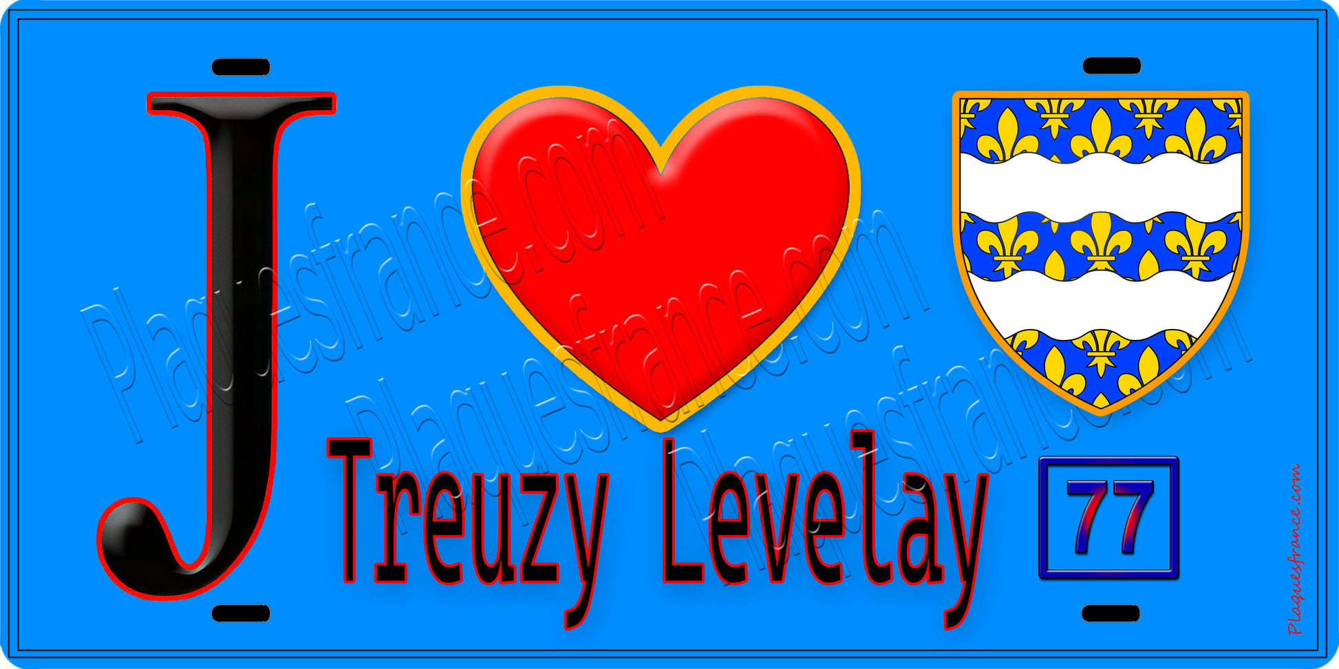 Plaque métal décorative  J' ❤️Treuzy-Levelay, Seine et Marne (77) fond bleu