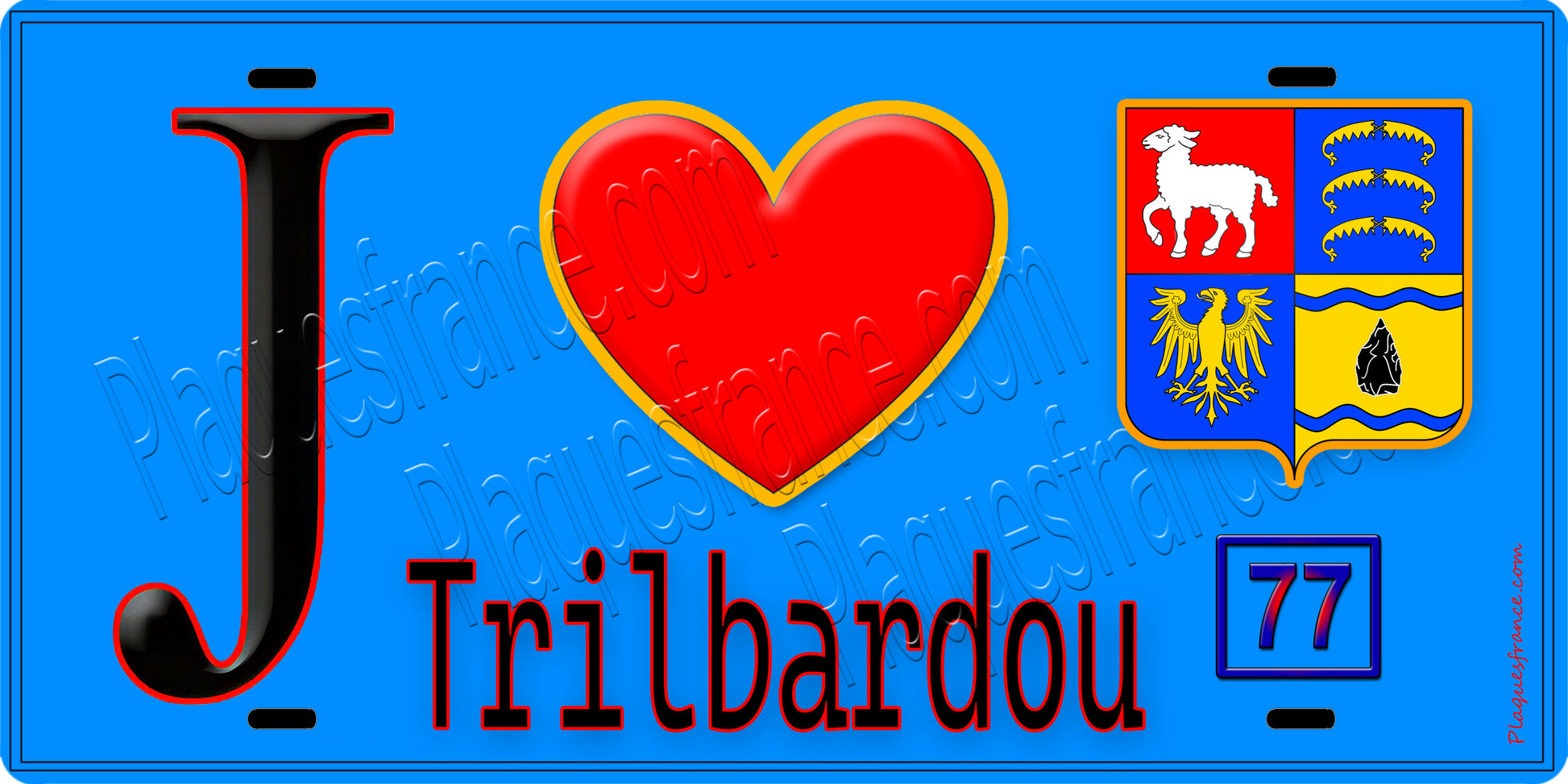 Plaque métal décorative  J' ❤️Trilbardou, Seine et Marne (77) fond bleu