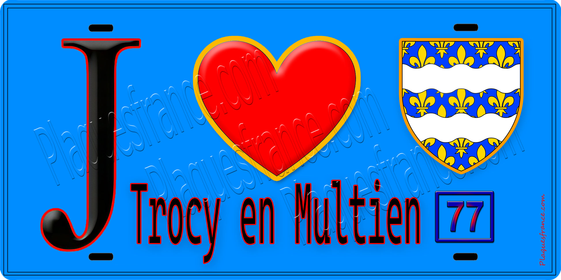 Plaque métal décorative  J' ❤️Trocy-en-Multien, Seine et Marne (77) fond bleu