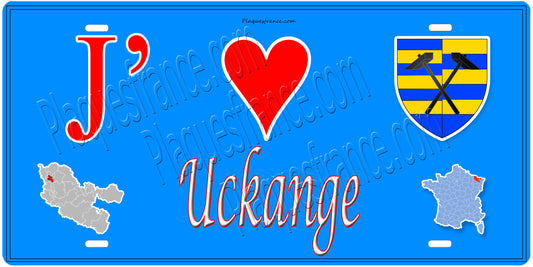 Plaque métal décorative 15 x 30 cm fond mur bleu carte J' ❤️ Uckange, canton Fameck Moselle 57