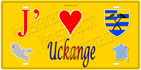 Plaque métal décorative 15 x 30 cm fond mur jaune carte J' ❤️ Uckange, canton Fameck Moselle 57