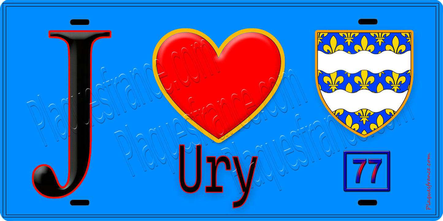 Plaque métal décorative  J' ❤️Ury, Seine et Marne (77) fond bleu