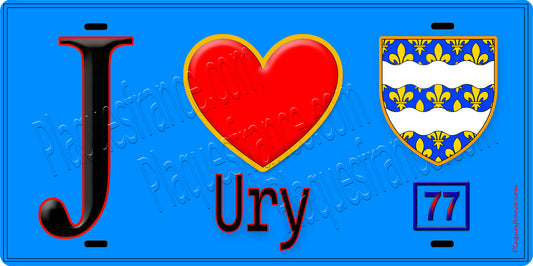Plaque métal décorative  J' ❤️Ury, Seine et Marne (77) fond bleu