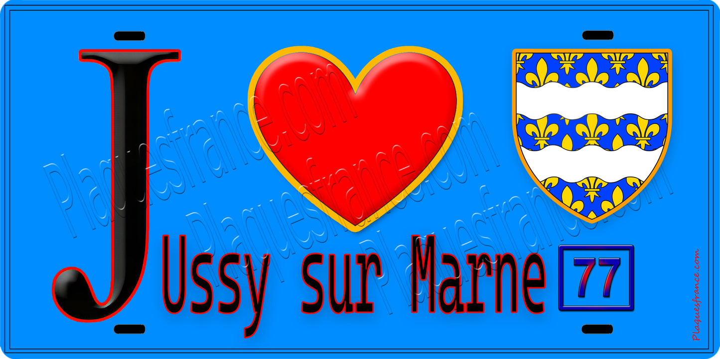 Plaque métal décorative  J' ❤️Ussy-sur-Marne, Seine et Marne (77) fond bleu