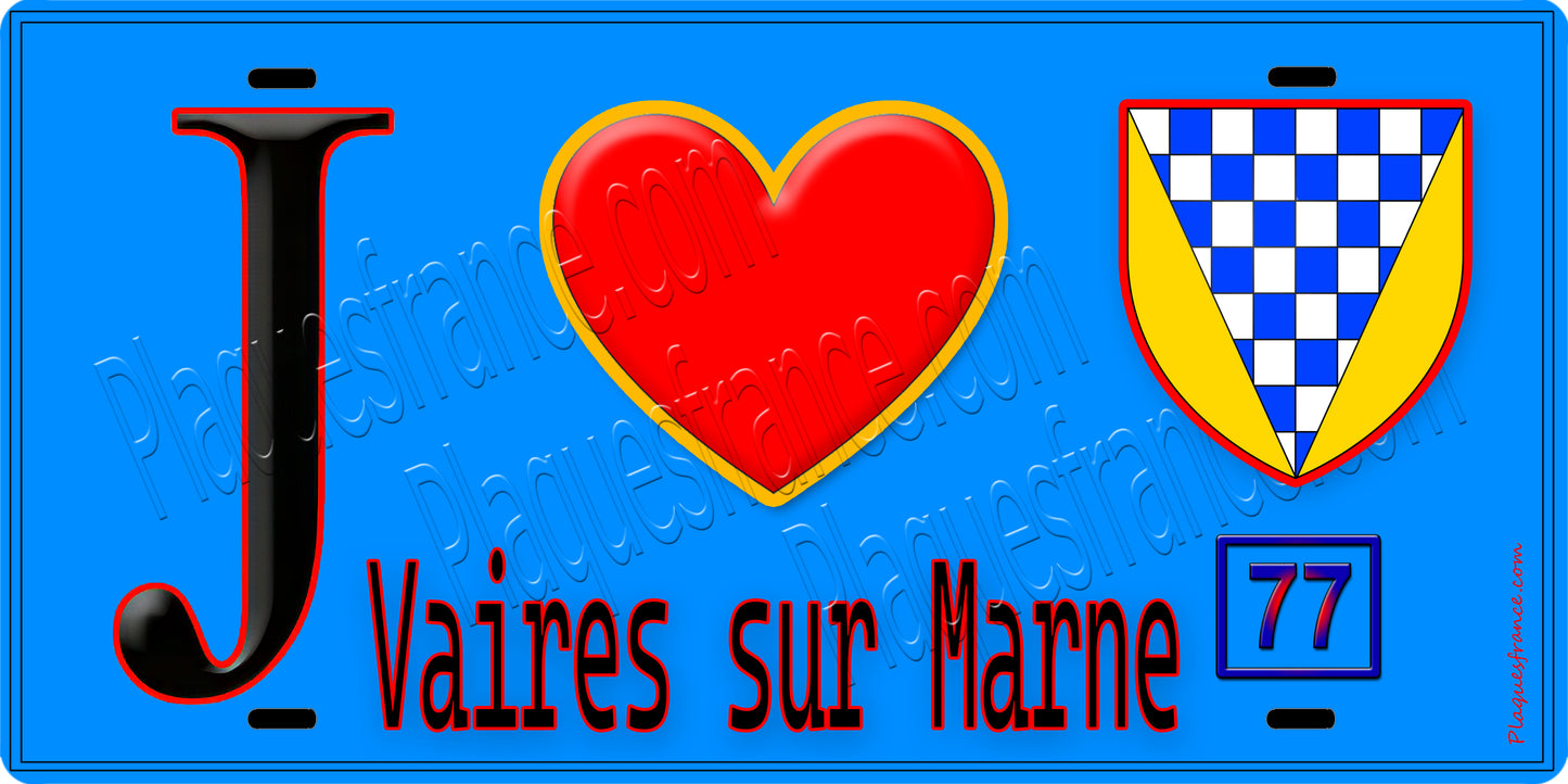 Plaque métal décorative  J' ❤️Vaires-sur-Marne, Seine et Marne (77) fond bleu