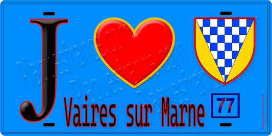 Plaque métal décorative  J' ❤️Vaires-sur-Marne, Seine et Marne (77) fond bleu