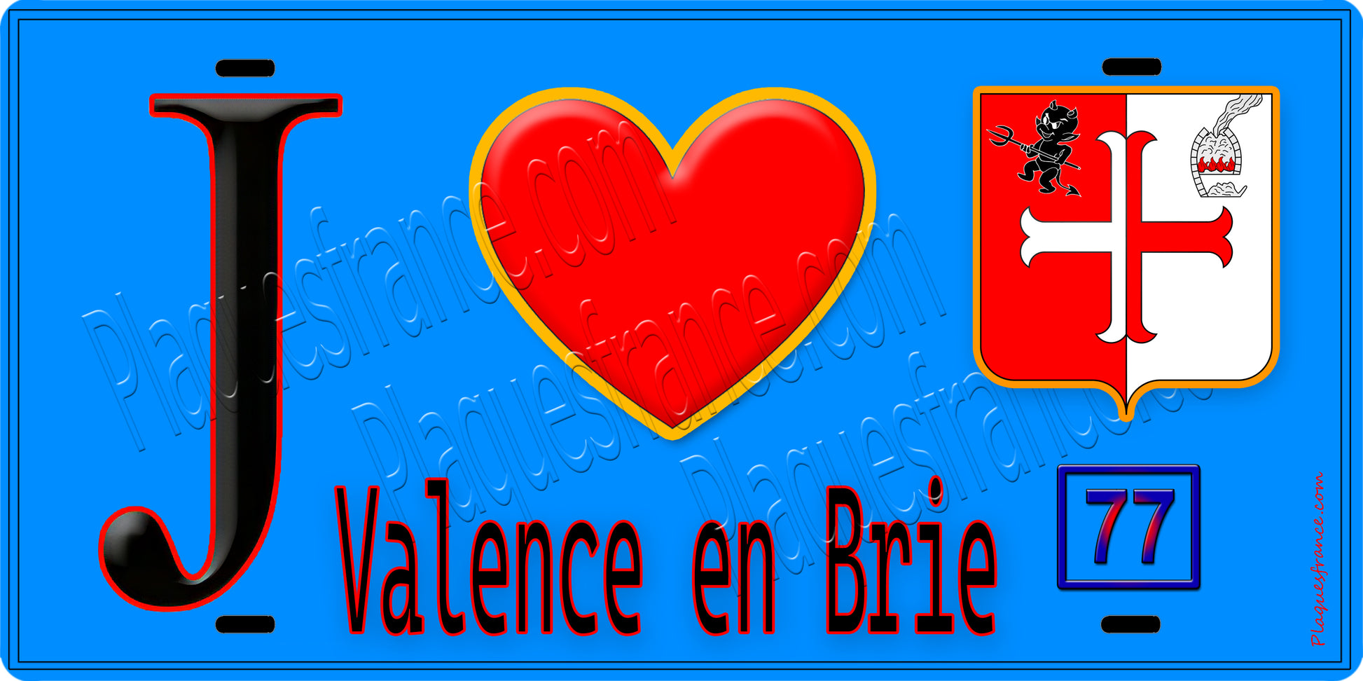 Plaque métal décorative  J' ❤️Valence-en-Brie, Seine et Marne (77) fond bleu