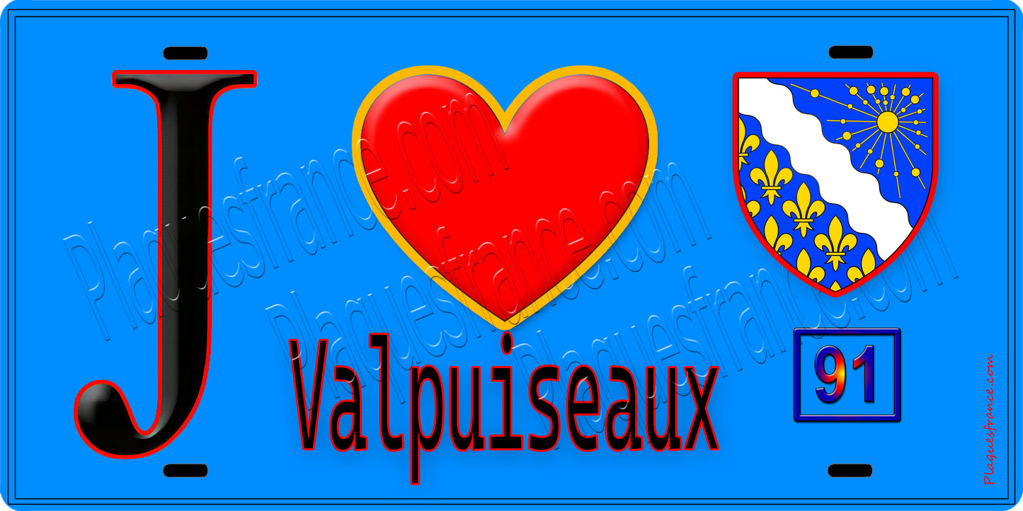 Plaque métal décorative  J' ❤️Valpuiseaux, Essonne (91) fond bleu