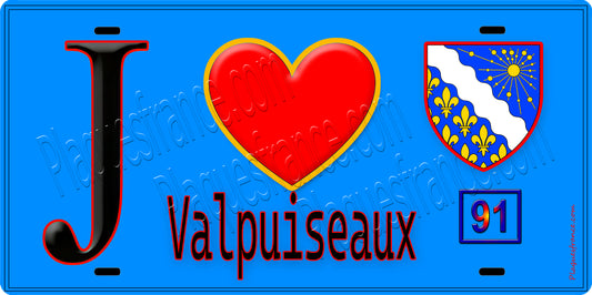 Plaque métal décorative  J' ❤️Valpuiseaux, Essonne (91) fond bleu