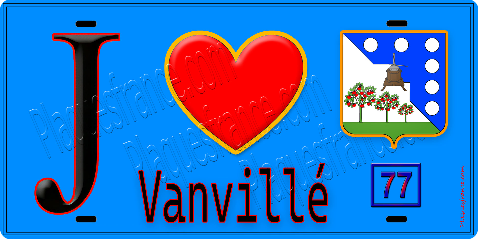 Plaque métal décorative  J' ❤️Vanvillé, Seine et Marne (77) fond bleu