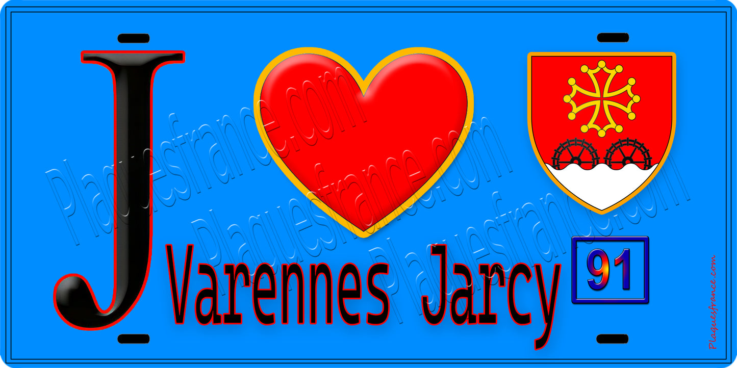 Plaque métal décorative  J' ❤️Varennes-Jarcy, Essonne (91) fond bleu