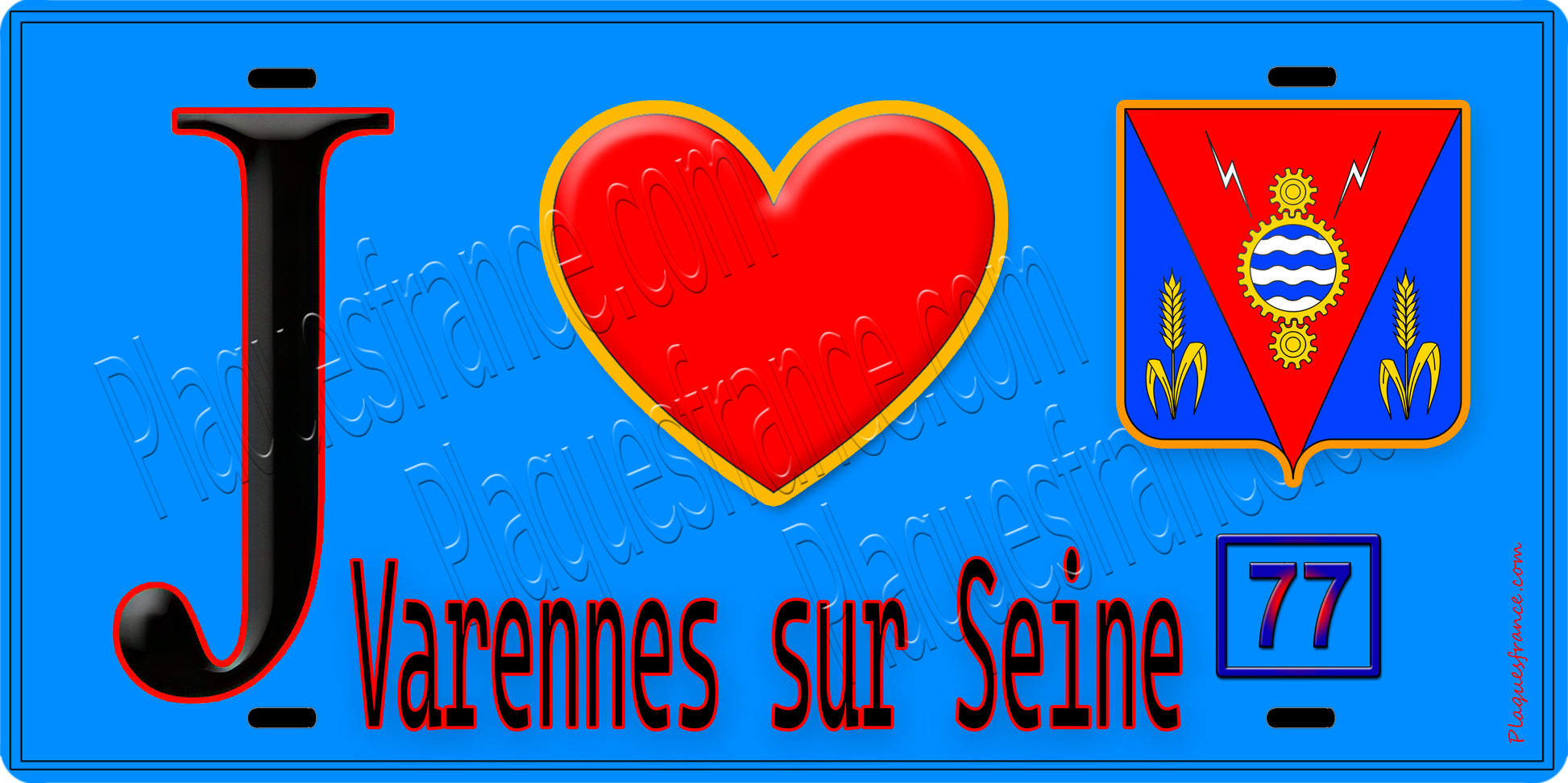 Plaque métal décorative  J' ❤️Varennes-sur-Seine, Seine et Marne (77) fond bleu