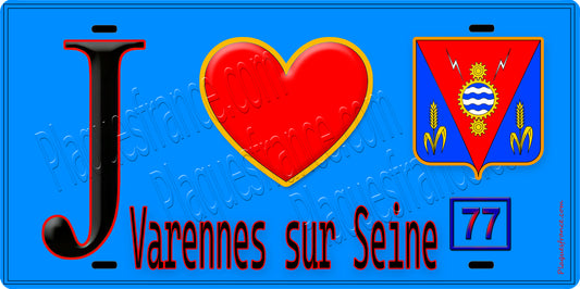 Plaque métal décorative  J' ❤️Varennes-sur-Seine, Seine et Marne (77) fond bleu