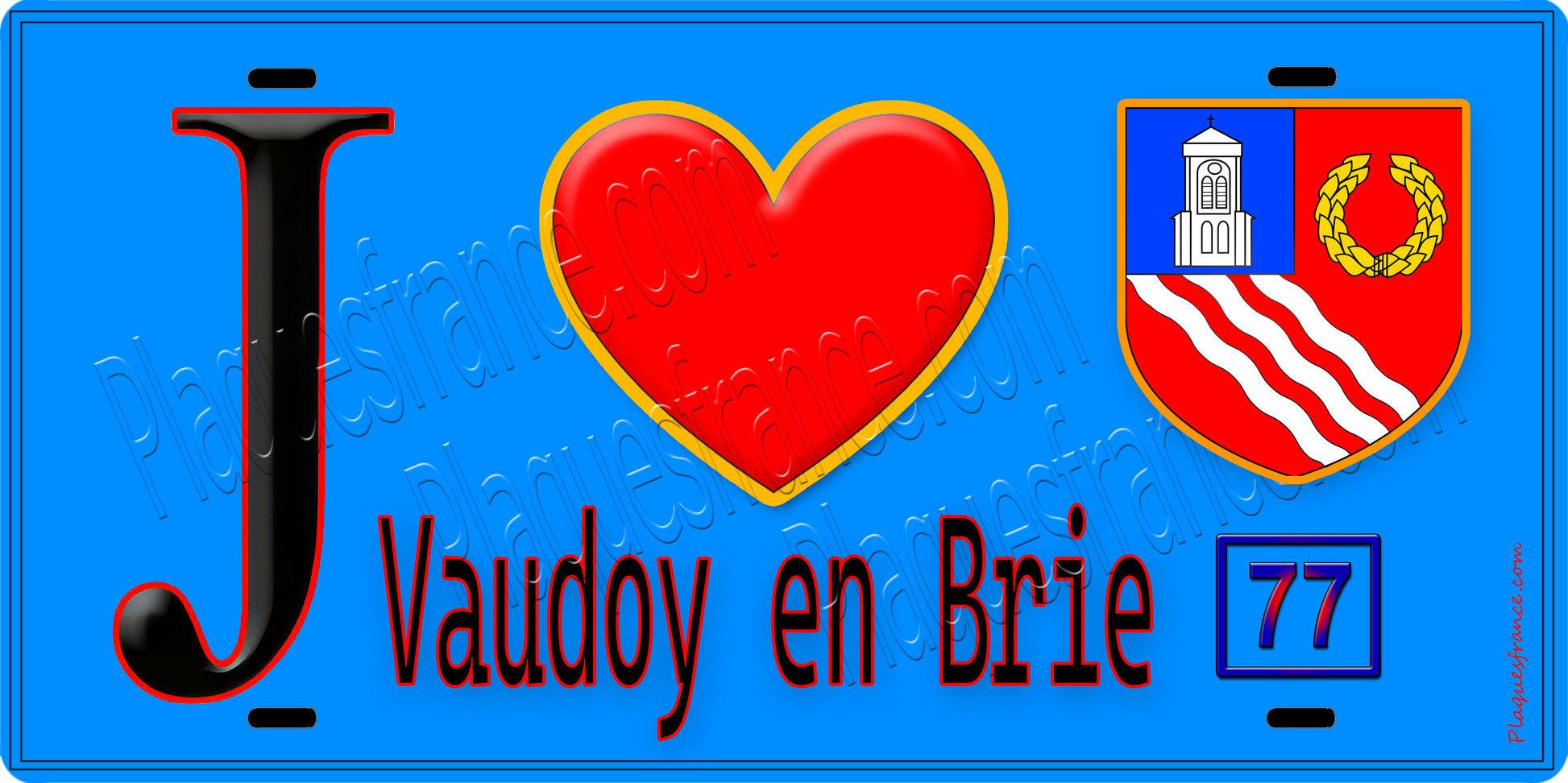 Plaque métal décorative  J' ❤️Vaudoy-en-Brie, Seine et Marne (77) fond bleu