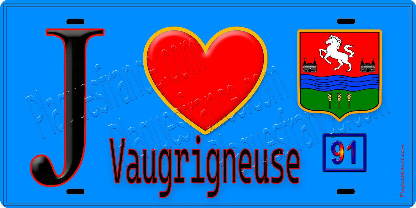 Plaque métal décorative  J' ❤️Vaugrigneuse, Essonne (91) fond bleu