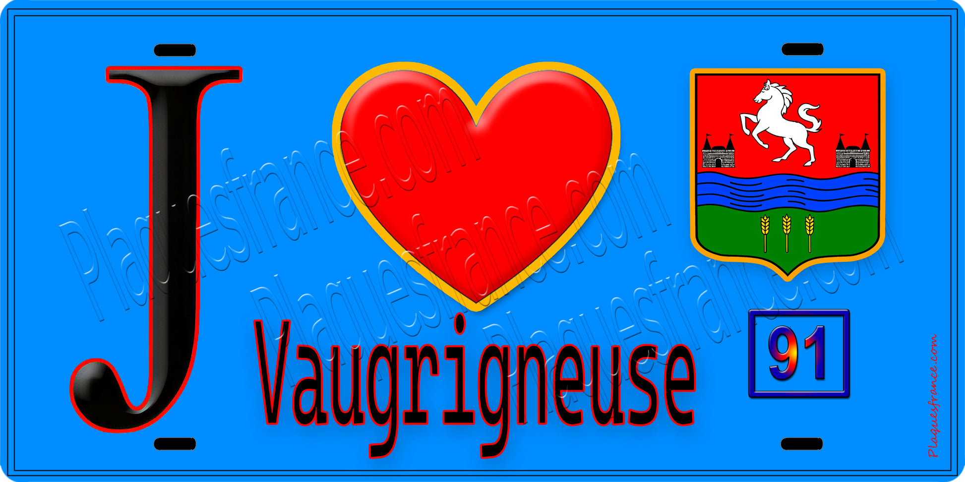 Plaque métal décorative  J' ❤️Vaugrigneuse, Essonne (91) fond bleu