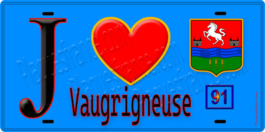Plaque métal décorative  J' ❤️Vaugrigneuse, Essonne (91) fond bleu