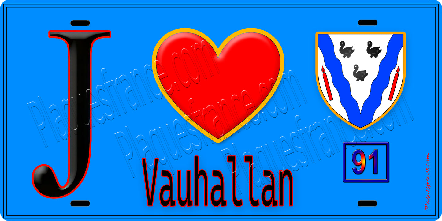 Plaque métal décorative  J' ❤️Vauhallan, Essonne (91) fond bleu