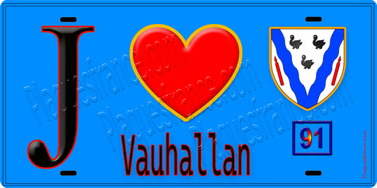 Plaque métal décorative  J' ❤️Vauhallan, Essonne (91) fond bleu
