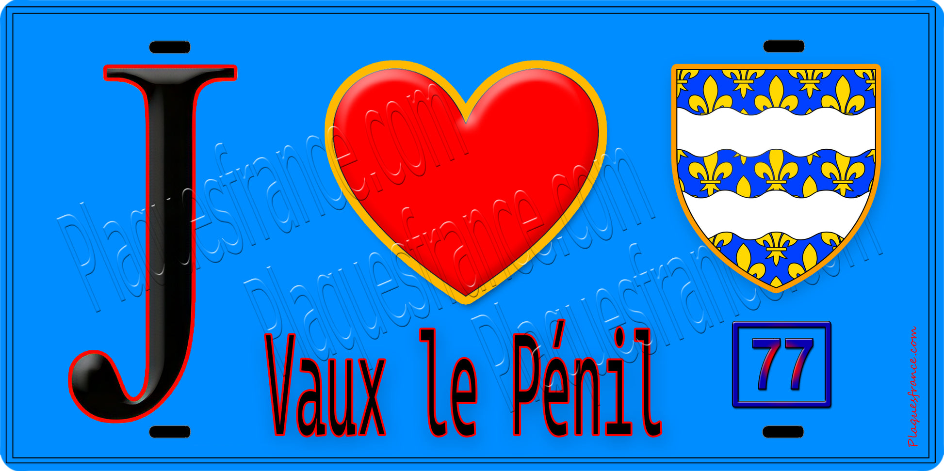 Plaque métal décorative  J' ❤️Vaux-le-Pénil, Seine et Marne (77) fond bleu