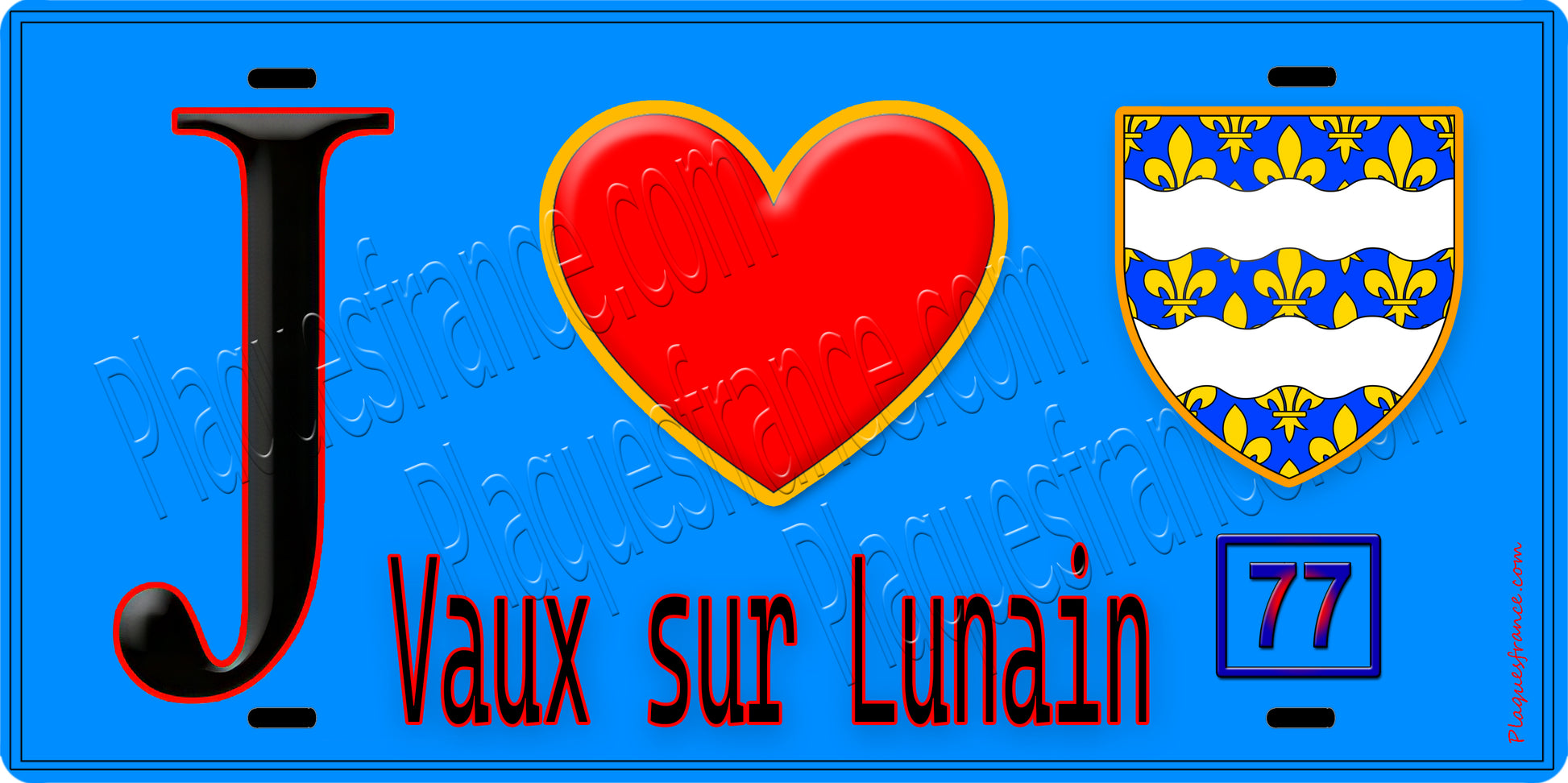 Plaque métal décorative  J' ❤️Vaux-sur-Lunain, Seine et Marne (77) fond bleu