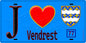 Plaque métal décorative  J' ❤️Vendrest, Seine et Marne (77) fond bleu