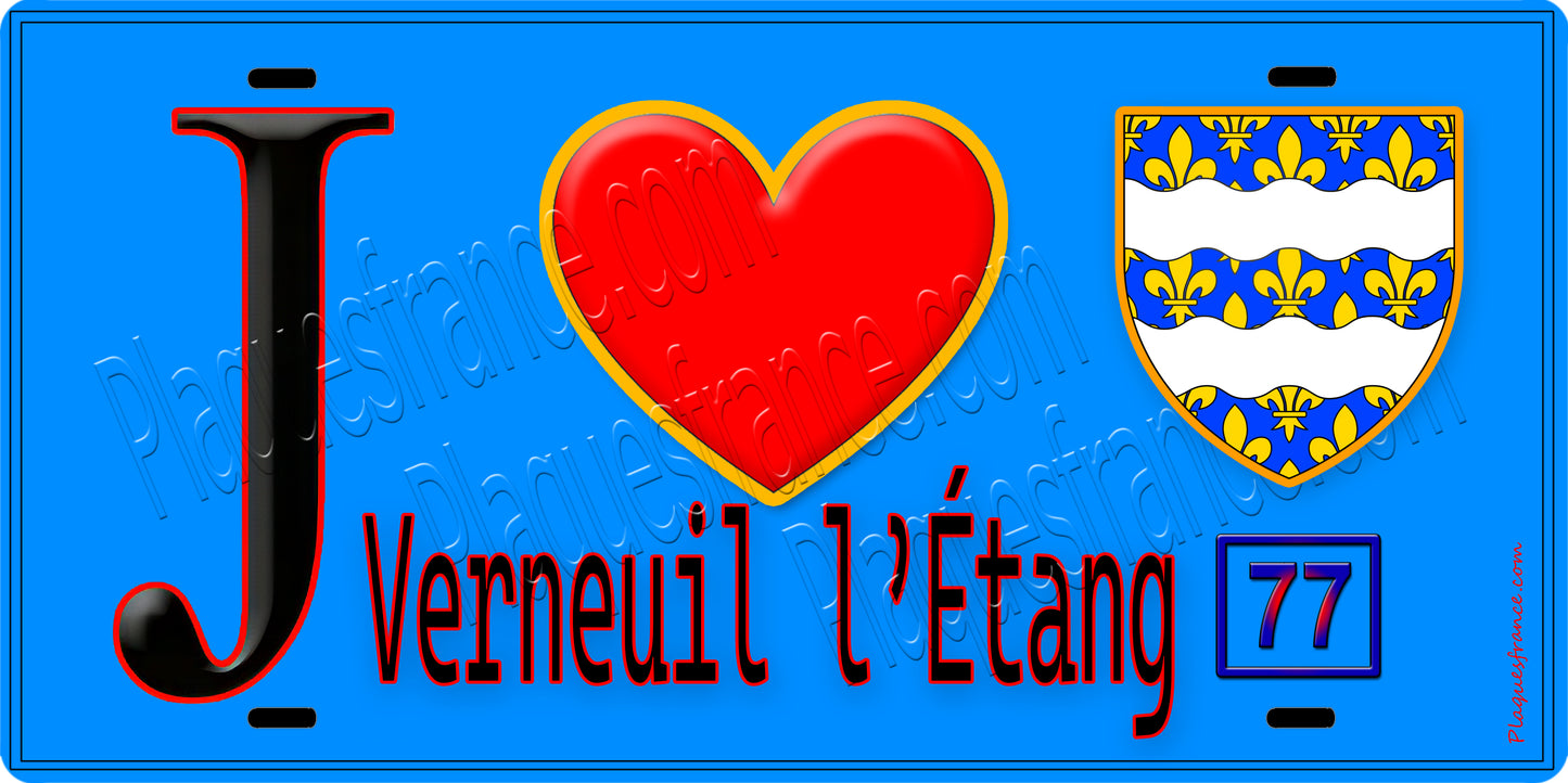 Plaque métal décorative  J' ❤️Verneuil-l'Étang, Seine et Marne (77) fond bleu