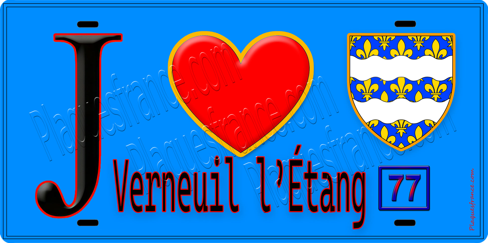 Plaque métal décorative  J' ❤️Verneuil-l'Étang, Seine et Marne (77) fond bleu