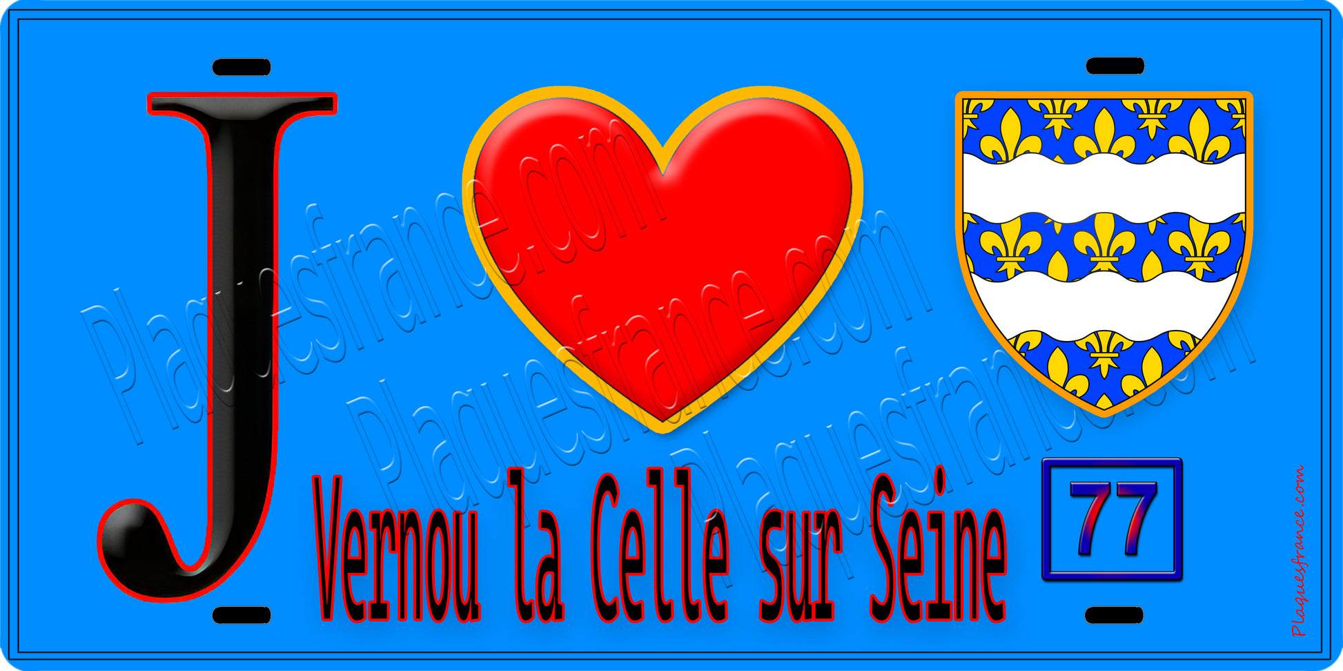 Plaque métal décorative  J' ❤️Vernou-la-Celle-sur-Seine, Seine et Marne (77) fond bleu